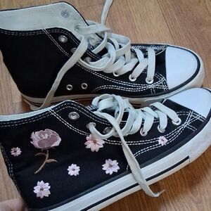 Floral Embroidered Black High-Top Sneakers (Converse Look Alikes)